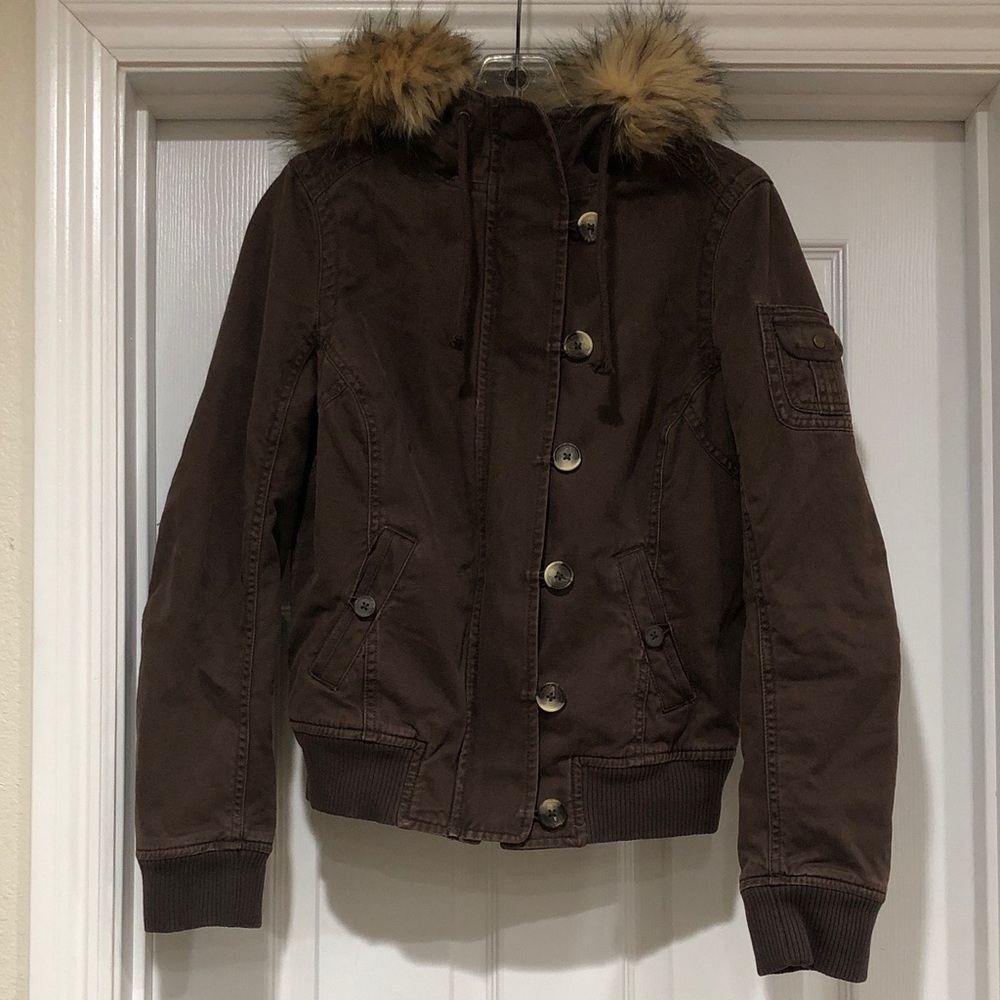 Old Navy Brown Lined Bomber Fur-Trim Hooded Women’s Jacket